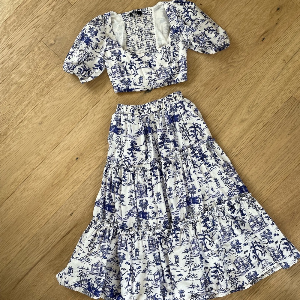O.P.T Blue Toile Print Crop Top Puff Sleeve Skirt Set Cottagecore Small Anthro - Picture 2 of 10
